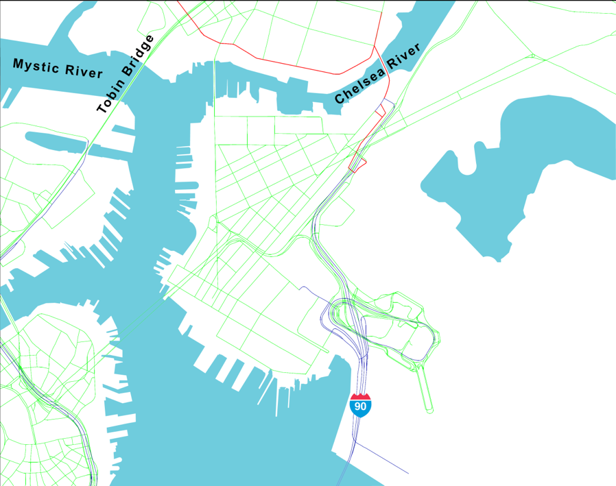 Figure 1 is a map of East Boston and parts of Chelsea. The East Boston Haul Road, the Chelsea Street Bridge, and Marginal Street have been highlighted as CUFCs